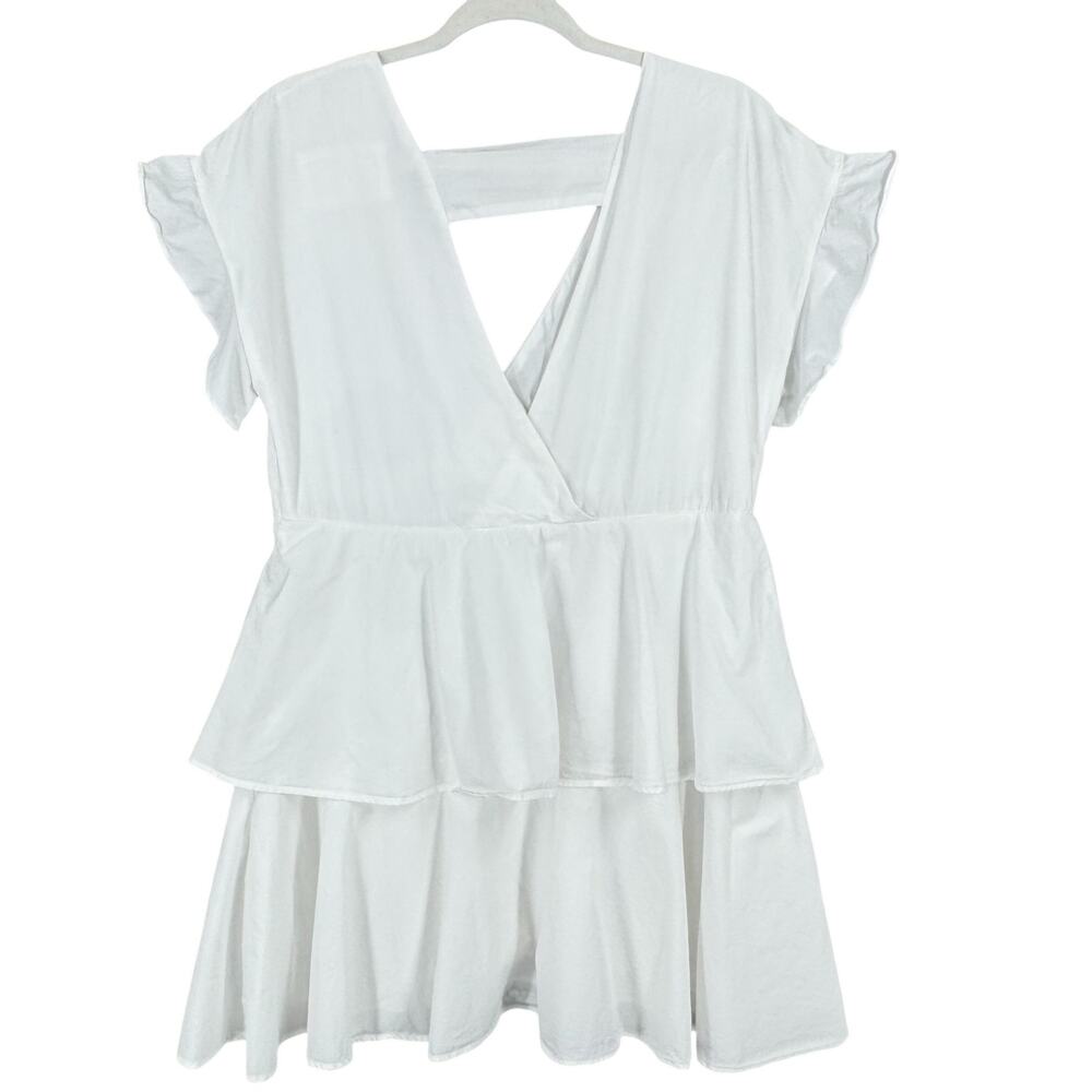 Anthropologie Mini Dress Womens SM White Tiered‎ Flowy Ruffle V Neck Summer Sun - Picture 2 of 11